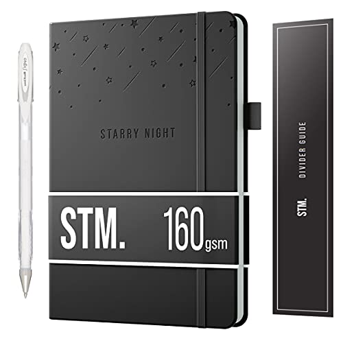 Scribbles That Matter Black Paper Bullet Dotted Journal Notebook | A5 Starry Night Free white gel pen | 160gsm Blackout no-bleed dot grid paper | For Men and Women | 5.75 x 8.5 in | Black