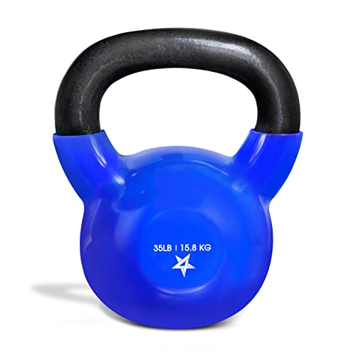 Yes4All 35 lb Kettlebell Vinyl Coated Cast Iron – Great for Dumbbell Weights Exercises, Hand and Heavy Weights for Gym, Fitness, Full Body Workout Equipment Push up, Grip Strength and Strength Training, PVC Blue