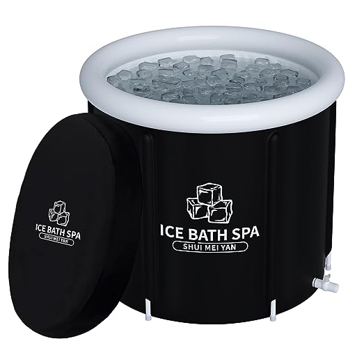 SHUIMEIYAN Large Ice Bath Tub Outdoor with Cover Portable Bathtub for Adults Cold Water Therapy Tub for Recovery Cold Plunge Tub Ice Barrel Ice Bath Tub for Athletes (Black with cover-33.5"Φ x 29.5"H)
