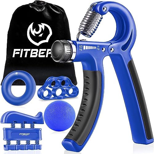 Hand Grip Strengthener Workout Kit (5 Pack) FitBeast Forearm Grip Adjustable Resistance Hand Gripper, Finger Exerciser, Finger Stretcher, Grip Ring & Stress Relief Grip Ball for Athletes (Navy Blue)