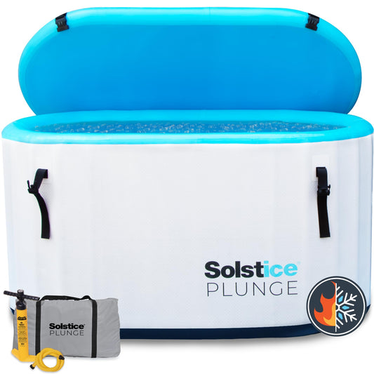 SOLSTICE Original Inflatable Cold Plunge Ice Bath Tub Compatible W/Water Chillers & Ozone Filters | Outdoor & Indoor | Inlet Outlet Connection for Accessories | Insulated Lid Hot Cold | 100 Gallon